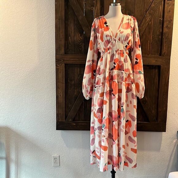 Puff Sleeve Floral Maxi Bohemian V Neck Tiered Casual Tiered Summer Maxi - Picture 6 of 16